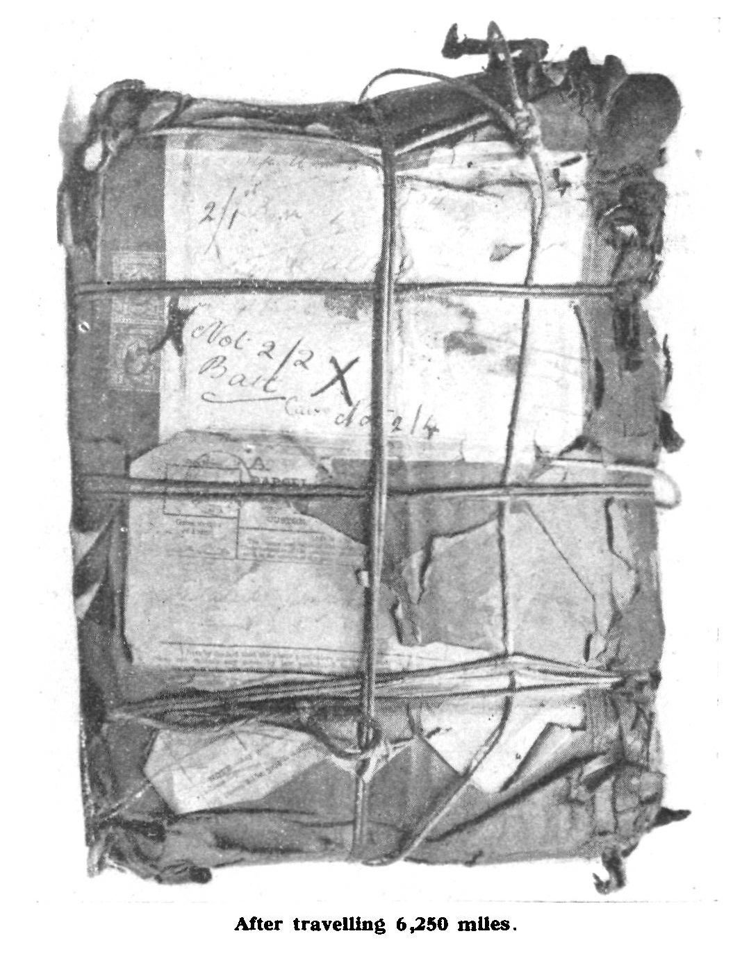 Photograph of a Poly Parcel after travelling 6,250 miles, from the Polytechnic Magazine, 1915