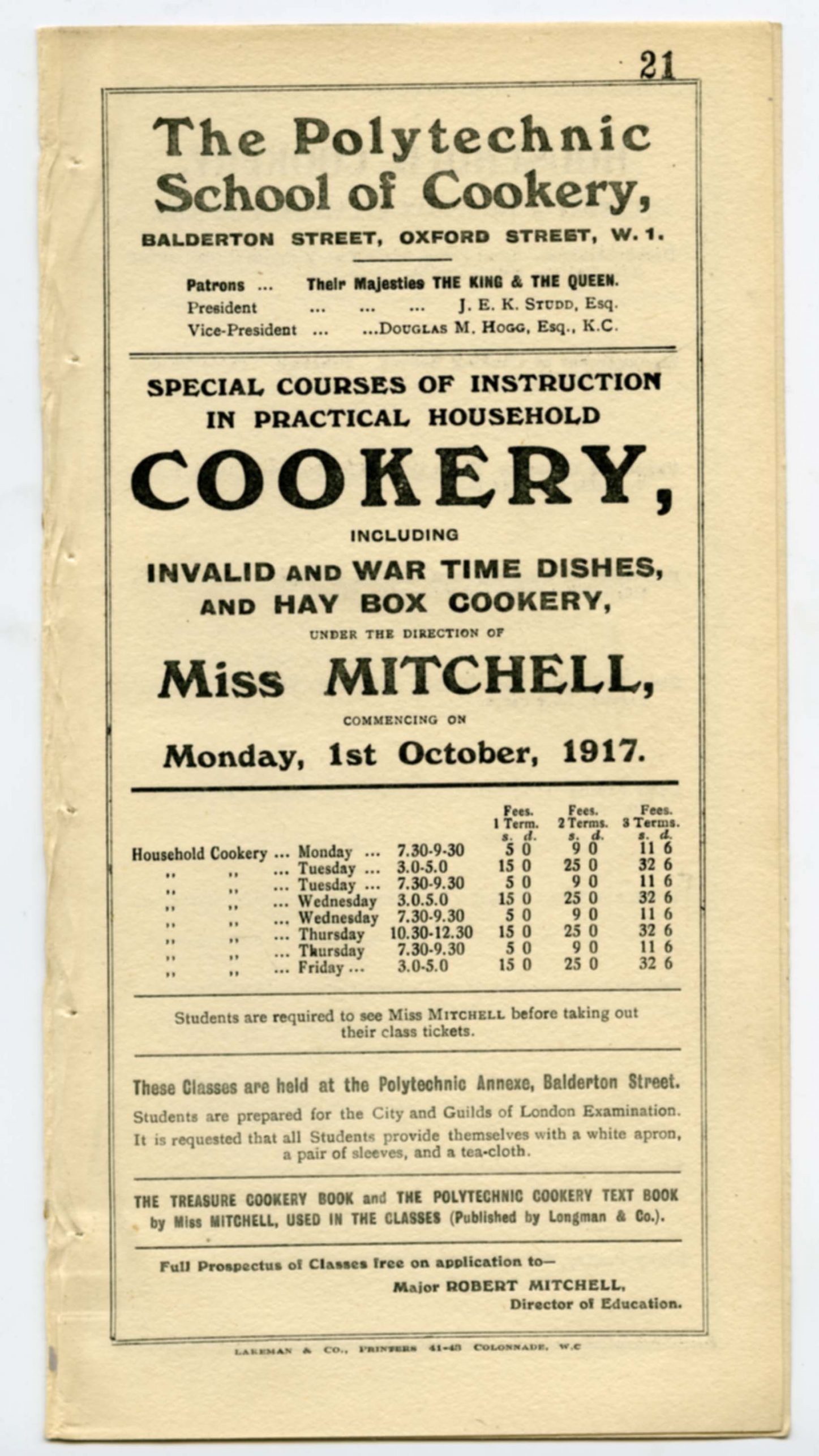 Prospectus for Special Course of Instruction in Practical Household Cookery including Invalid and War Time Dishes, 1917