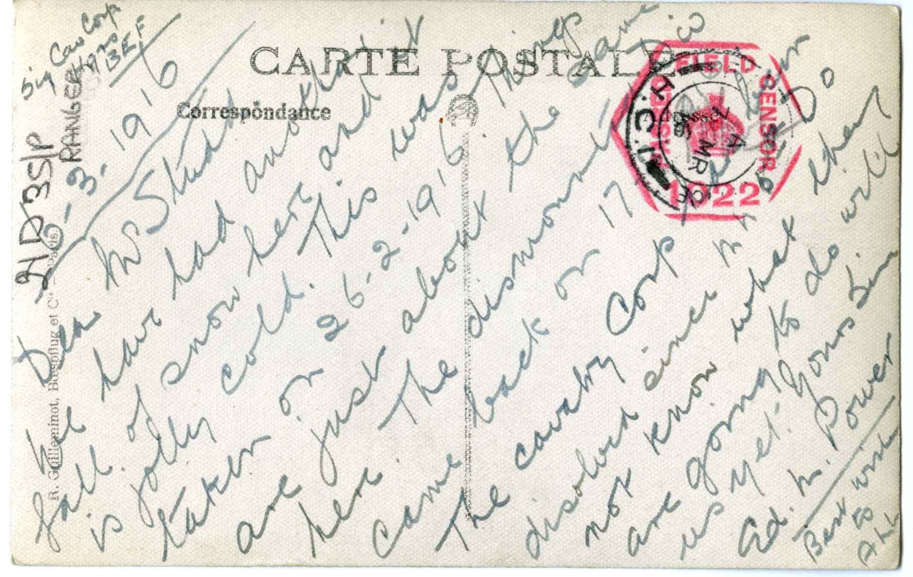 A postcard sent home by Edward Power, February 1916