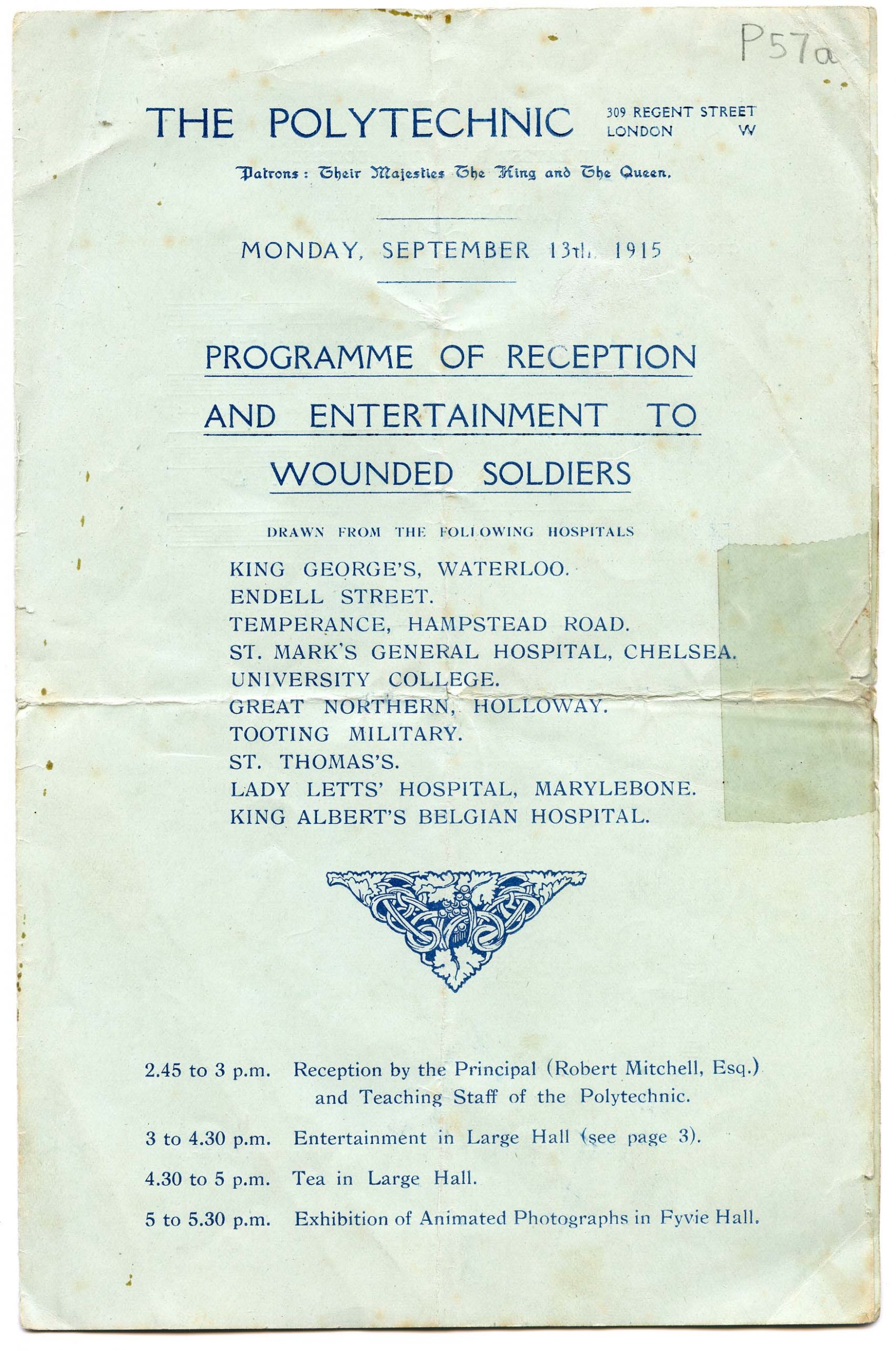 Programme for a reception and entertainment to wounded soldiers on 13th September 1915 at the Poly