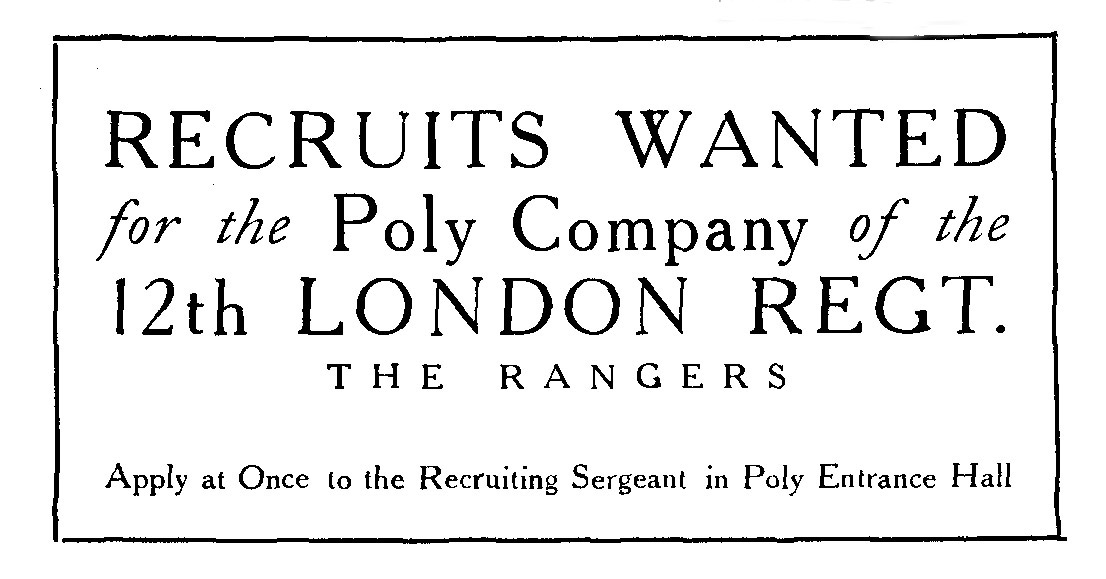 Recruitment advert from the Polytechnic Magazine, January 1916