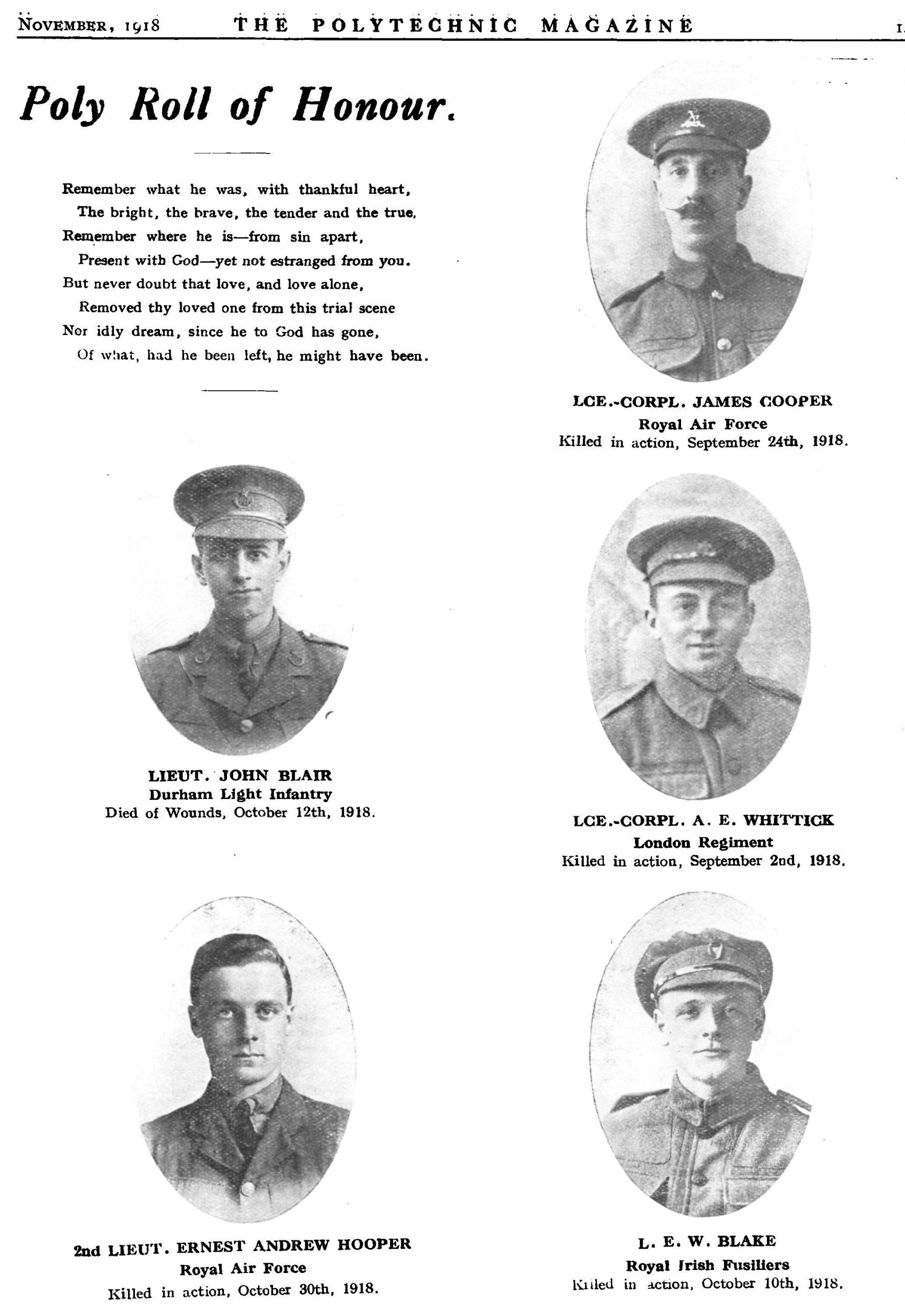 Poly Roll of Honour page from the Polytechnic Magazine featuring photos and brief text about soldiers, November 1918