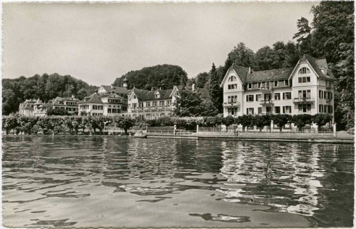 Photo of the Polytechnic chalets taken from a boat on Lake Lucerne