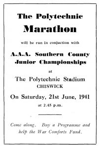 Advert for the Polytechnic Marathon at Chiswick, 21 June 1941