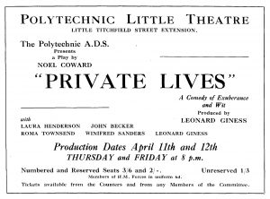 Advert for Private Lives by Noel Coward in the Polytechnic Little Theatre, March 1940
