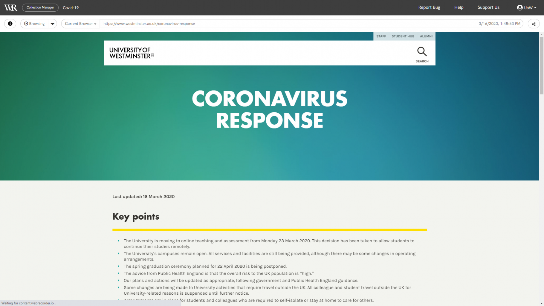Web archive screenshot of the University's Coronavirus response page from the 16th of March 2020