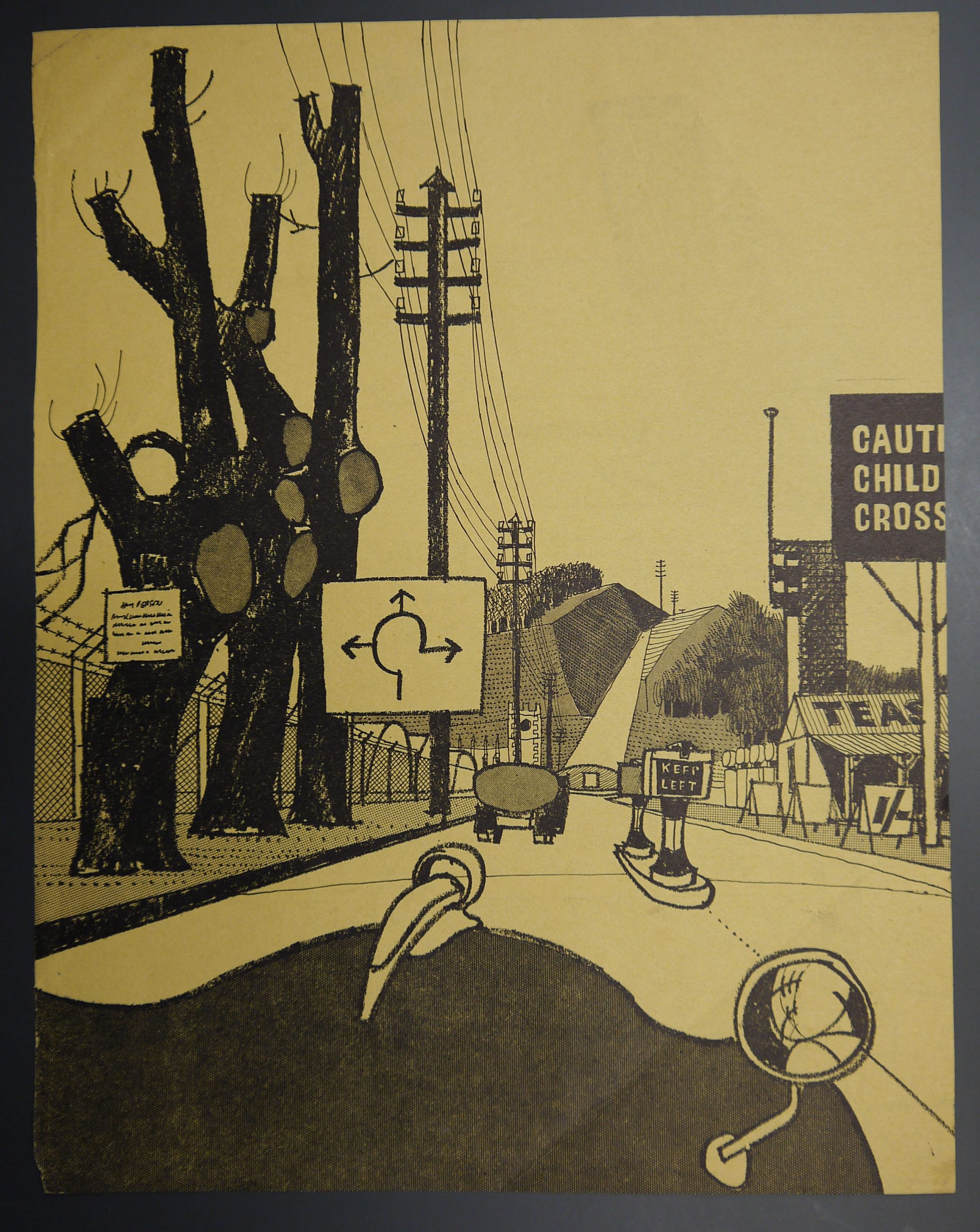 Print of a drawing of a street from the front seat of a car.