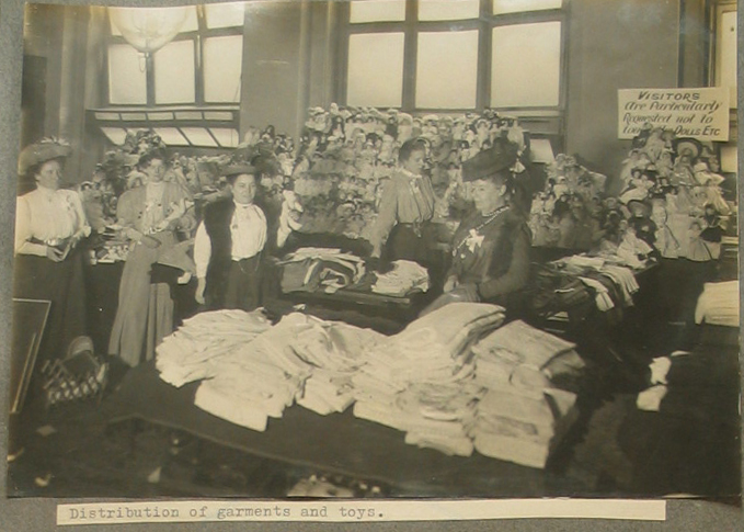 Photo showing garments and toys for distribution