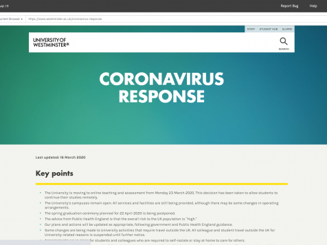 Web archive of the University's coronavirus response page 16 Match 2020