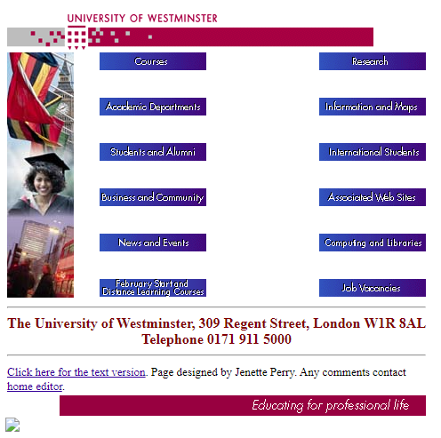 A screenshot showing the university website in 1997.