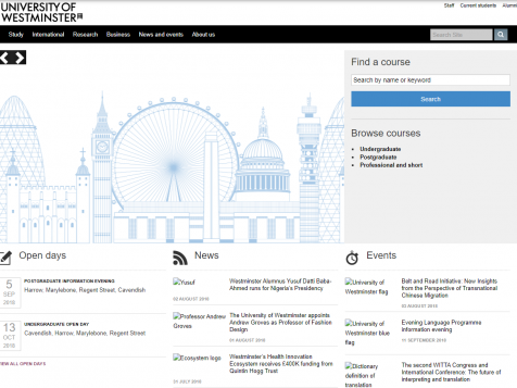 The university website homepage in 2018
