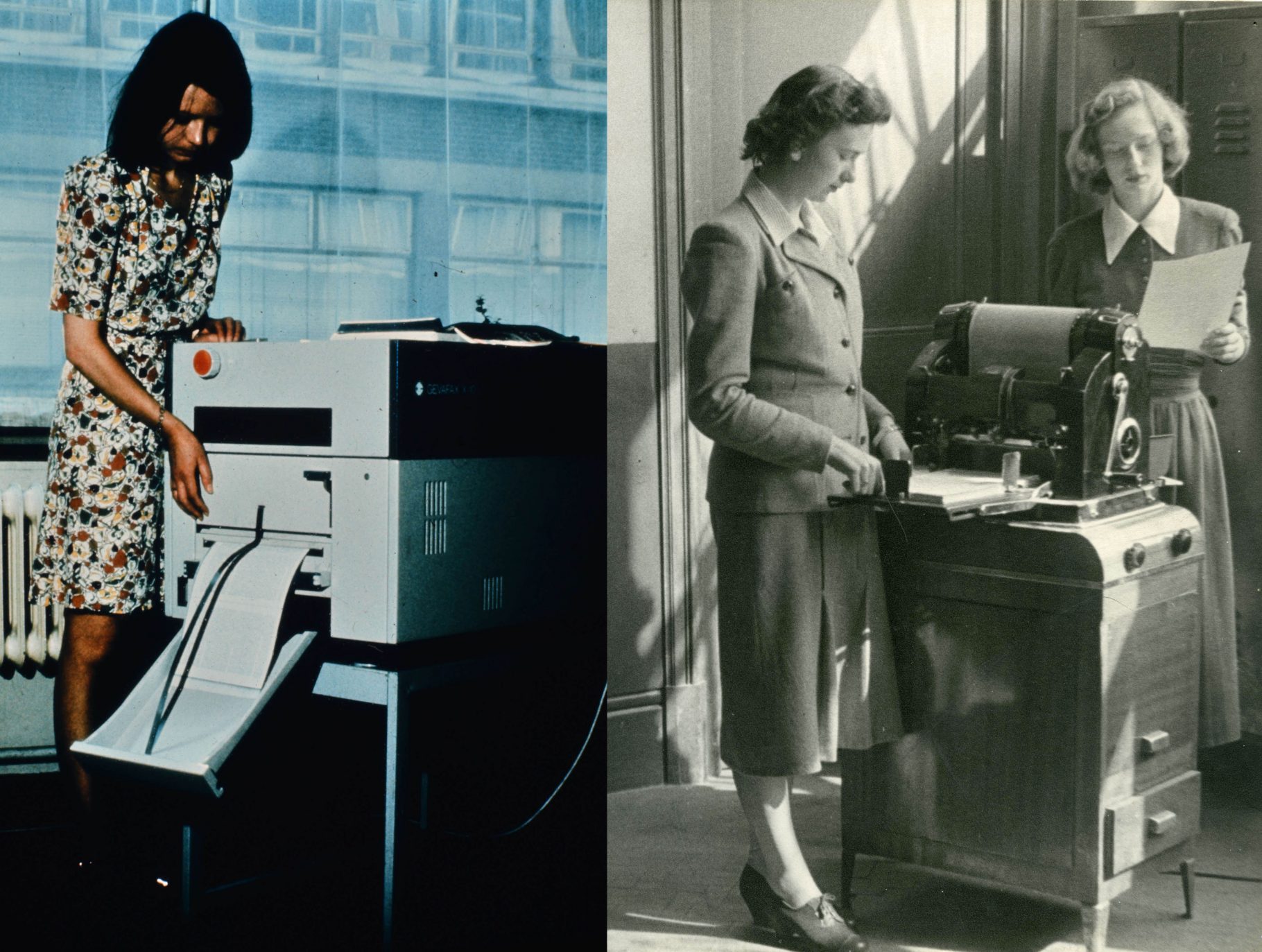 Composite image, right half in black and white showing two women in pencil skirts using an old-fashioned machine, left half is a colour image showing a women in a dress using a photocopier