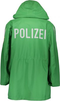A rear view of a green, waterproof German policeman's coat. The word 'POLIZEI' is printed on the back.